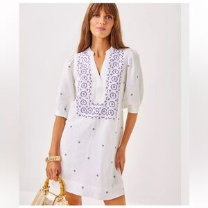 Lilly Pulitzer Mialeigh Linen Embroidered Dress Water Hyacinth Size 14